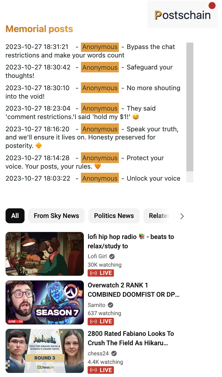 Postschain extension demo showing the list of posts inject in a website